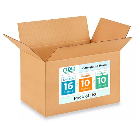 Idl Packaging 16 in x 10 in x 10 in Shipping Box, Kraft, Corrugate, Single Wall, 200#, 10 PK B-161010-10